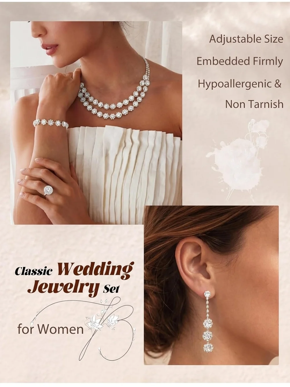 Elegant White Crystal Bridal Jewelry Set - Necklace, Earrings, Bracelet, Ring